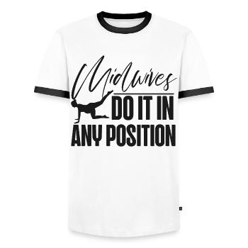 Nurse Midwife Birth Worker Pun - Men's Ringer Shirt - white/black - Front - AI Model Female 172 light (172cm) & AI Model Male 178 dark (178cm)