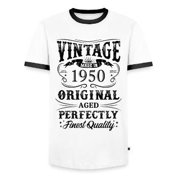 Vintage Made In 1950's 74 Years Of Being Awesome - Men's Ringer Shirt - white/black - Front - AI Model Female 172 light (172cm) & AI Model Male 178 dark (178cm)