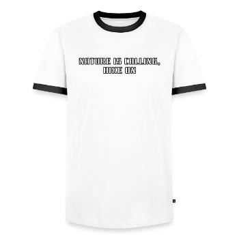 Hiking - Nature is calling, hike on - Men's Ringer Shirt - white/black - Front - AI Model Female 172 light (172cm) & AI Model Male 178 dark (178cm)