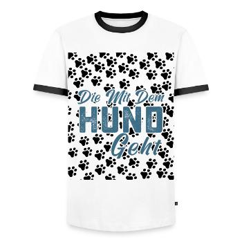 Who goes with the dog. Dog owner.dog. - Men's Ringer Shirt - white/black - Front - AI Model Female 172 light (172cm) & AI Model Male 178 dark (178cm)