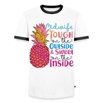 Nurse Midwife Birth Worker - Men's Ringer Shirt - white/black - Front - AI Model Female 172 light (172cm) & AI Model Male 178 dark (178cm)