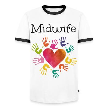 Infirmière Sage-femme Accoucheuse Coeur - T-shirt contrasté Homme - blanc/noir - Devant - AI Model Female 172 light (172cm) & AI Model Male 178 dark (178cm)