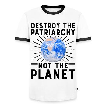 Destroy the Patriarchy not the planet - Men's Ringer Shirt - white/black - Front - AI Model Female 172 light (172cm) & AI Model Male 178 dark (178cm)