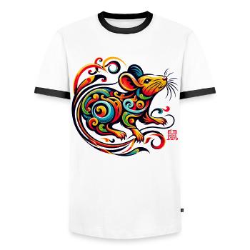 Elegant Chinese Zodiac Rat Artwork For Modern Home - Men's Ringer Shirt - white/black - Front - AI Model Female 172 light (172cm) & AI Model Male 178 dark (178cm)