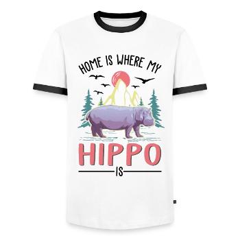 La maison est là où se trouve mon hippopotame, hippopotame - T-shirt contrasté Homme - blanc/noir - Devant - AI Model Female 172 light (172cm) & AI Model Male 178 dark (178cm)