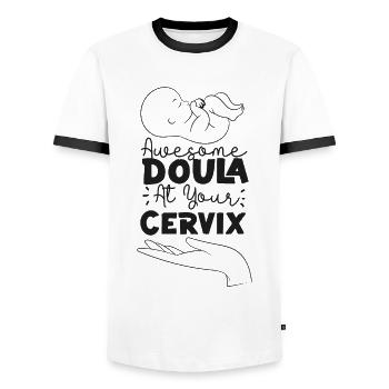 Doula Travailleuse à La Naissance Jeu De Mots Léopard - T-shirt contrasté Homme - blanc/noir - Devant - AI Model Female 172 light (172cm) & AI Model Male 178 dark (178cm)