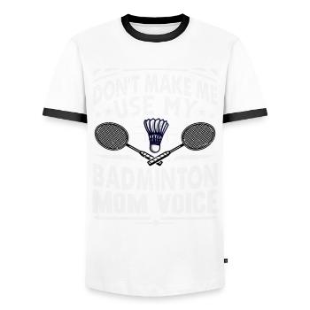 BADMINTON Mom Voice - Federball Mama - Männer Kontrast-T-Shirt - Weiß/Schwarz - Vorne - AI Model Female 172 light (172cm) & AI Model Male 178 dark (178cm)