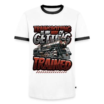 Trainspotting Train Lovers Trains - Men's Ringer Shirt - white/black - Front - AI Model Female 172 light (172cm) & AI Model Male 178 dark (178cm)