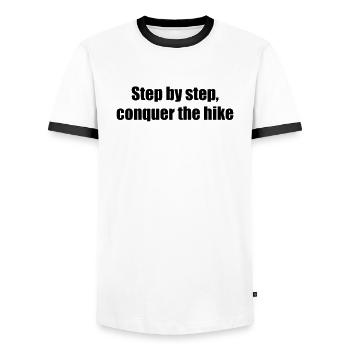 Hiking - Step by step, conquer the hike - Men's Ringer Shirt - white/black - Front - AI Model Female 172 light (172cm) & AI Model Male 178 dark (178cm)