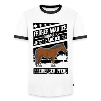 Freiberger Pferd Reiterin - Männer Kontrast-T-Shirt - Weiß/Schwarz - Vorne - AI Model Female 172 light (172cm) & AI Model Male 178 dark (178cm)