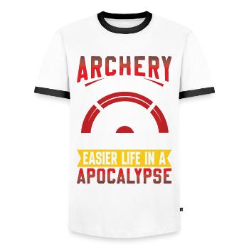 Funny Archery Saying - Apocalypse - Men's Ringer Shirt - white/black - Front - AI Model Female 172 light (172cm) & AI Model Male 178 dark (178cm)