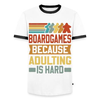 Board Games - Because Adulting Is Hard - Men's Ringer Shirt - white/black - Front - AI Model Female 172 light (172cm) & AI Model Male 178 dark (178cm)