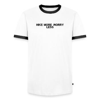 Hiking - Hike more, worry less - Men's Ringer Shirt - white/black - Front - AI Model Female 172 light (172cm) & AI Model Male 178 dark (178cm)