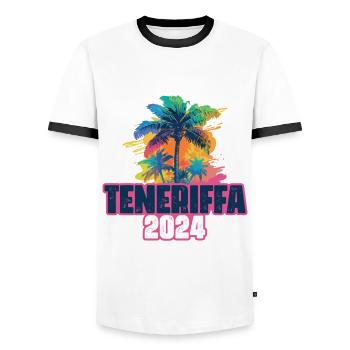 Tenerife 2024 Holiday Palm Blob - Men's Ringer Shirt - white/black - Front - AI Model Female 172 light (172cm) & AI Model Male 178 dark (178cm)
