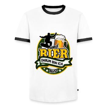 Snowboard & Bier - darum bin ich hier - Männer Kontrast-T-Shirt - Weiß/Schwarz - Vorne - AI Model Female 172 light (172cm) & AI Model Male 178 dark (178cm)