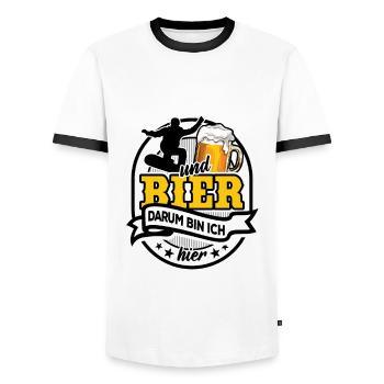 Snowboard & Bier - darum bin ich hier - Männer Kontrast-T-Shirt - Weiß/Schwarz - Vorne - AI Model Female 172 light (172cm) & AI Model Male 178 dark (178cm)