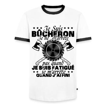 Lustiges Kettensägengeschenk, das sagt, dass ich ein Holzfäller bin - Männer Kontrast-T-Shirt - Weiß/Schwarz - Vorne - AI Model Female 172 light (172cm) & AI Model Male 178 dark (178cm)