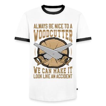 Be Nice To A Woodcutter - Lumberjack Saying - Men's Ringer Shirt - white/black - Front - AI Model Female 172 light (172cm) & AI Model Male 178 dark (178cm)