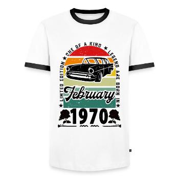 Anniversaire février 1970, Vintage février 1970. - T-shirt contrasté Homme - blanc/noir - Devant - AI Model Female 172 light (172cm) & AI Model Male 178 dark (178cm)