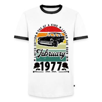 Birthday February 1977, Vintage February 1977. - Men's Ringer Shirt - white/black - Front - AI Model Female 172 light (172cm) & AI Model Male 178 dark (178cm)