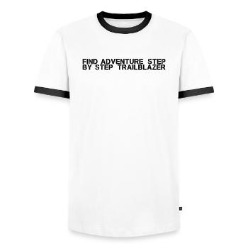 Hiking - Find adventure, step by step, - Men's Ringer Shirt - white/black - Front - AI Model Female 172 light (172cm) & AI Model Male 178 dark (178cm)