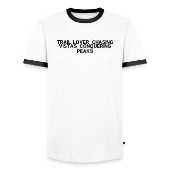 Randonnée - Amoureux des sentiers, à la poursuite des panoramas, à la conquête - T-shirt contrasté Homme - blanc/noir - Devant - AI Model Female 172 light (172cm) & AI Model Male 178 dark (178cm)