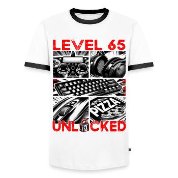 Birthday Level 65 Unlocked Gaming & Gamers - Men's Ringer Shirt - white/black - Front - AI Model Female 172 light (172cm) & AI Model Male 178 dark (178cm)
