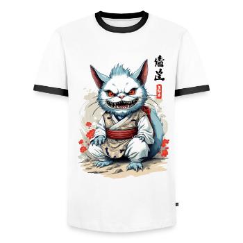 Japanese Yokai Cat Streetwear Aesthetic Cats - Men's Ringer Shirt - white/black - Front - AI Model Female 172 light (172cm) & AI Model Male 178 dark (178cm)