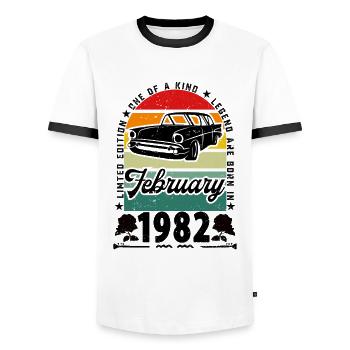 Birthday February 1982, Vintage February 1982. - Men's Ringer Shirt - white/black - Front - AI Model Female 172 light (172cm) & AI Model Male 178 dark (178cm)