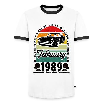 Geburtstag Februar 1989, Jahrgang Februar 1989. - Männer Kontrast-T-Shirt - Weiß/Schwarz - Vorne - AI Model Female 172 light (172cm) & AI Model Male 178 dark (178cm)