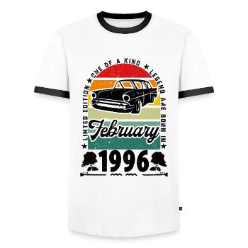 Birthday February 1996, Vintage February 1996. - Men's Ringer Shirt - white/black - Front - AI Model Female 172 light (172cm) & AI Model Male 178 dark (178cm)