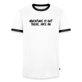 Hiking - Adventure is out there, hike on - Men's Ringer Shirt - white/black - Front - AI Model Female 172 light (172cm) & AI Model Male 178 dark (178cm)