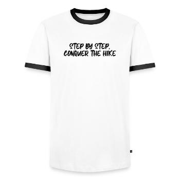 Hiking - Step by step, conquer the hike - Men's Ringer Shirt - white/black - Front - AI Model Female 172 light (172cm) & AI Model Male 178 dark (178cm)