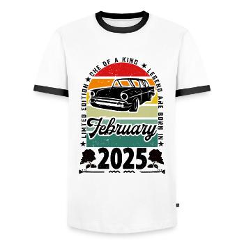 Birthday February 2025, Vintage February 2025. - Men's Ringer Shirt - white/black - Front - AI Model Female 172 light (172cm) & AI Model Male 178 dark (178cm)