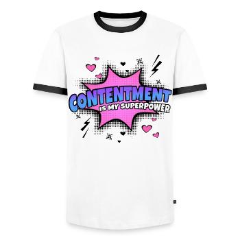Contentment is my superpower trait - Men's Ringer Shirt - white/black - Front - AI Model Female 172 light (172cm) & AI Model Male 178 dark (178cm)