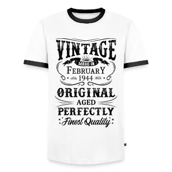 Millésime Fabriqué En 1944 Année de naissance Février 1944 - T-shirt contrasté Homme - blanc/noir - Devant - AI Model Female 172 light (172cm) & AI Model Male 178 dark (178cm)