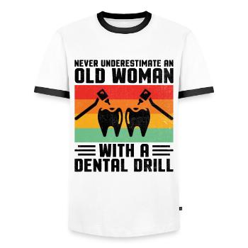 Never Underestimate An Old Woman With A Dental Dri - Men's Ringer Shirt - white/black - Front - AI Model Female 172 light (172cm) & AI Model Male 178 dark (178cm)