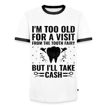 Je suis trop vieux pour recevoir la visite de la fée des dents Denta - T-shirt contrasté Homme - blanc/noir - Devant - AI Model Female 172 light (172cm) & AI Model Male 178 dark (178cm)