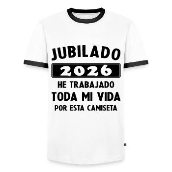 Retired in 2026 / Retired 2026 Humor Gift - Men's Ringer Shirt - white/black - Front - AI Model Female 172 light (172cm) & AI Model Male 178 dark (178cm)