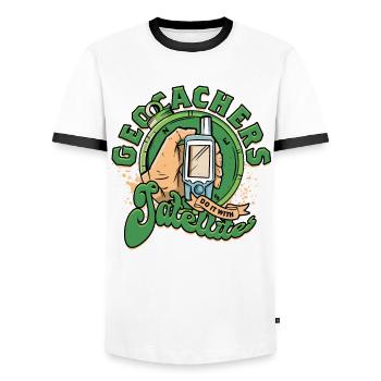 Geocachers Do It With Satellites - Men's Ringer Shirt - white/black - Front - AI Model Female 172 light (172cm) & AI Model Male 178 dark (178cm)