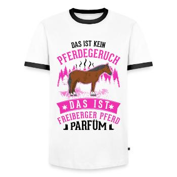 Freiberger Pferd Parfüm - Männer Kontrast-T-Shirt - Weiß/Schwarz - Vorne - AI Model Female 172 light (172cm) & AI Model Male 178 dark (178cm)