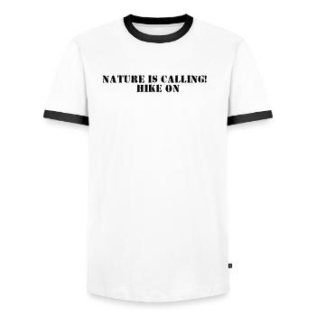 Hiking - Nature is Calling, Hike On - Men's Ringer Shirt - white/black - Front - AI Model Female 172 light (172cm) & AI Model Male 178 dark (178cm)