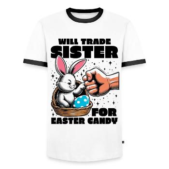 Will Trade Sister For Easter Candy - Men's Ringer Shirt - white/black - Front - AI Model Female 172 light (172cm) & AI Model Male 178 dark (178cm)