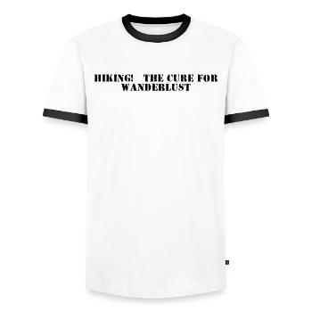 Wandern - Hiking: the cure for wanderlust - Men's Ringer Shirt - white/black - Front - AI Model Female 172 light (172cm) & AI Model Male 178 dark (178cm)
