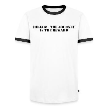 Wandern - Hiking: the journey is the reward - Men's Ringer Shirt - white/black - Front - AI Model Female 172 light (172cm) & AI Model Male 178 dark (178cm)