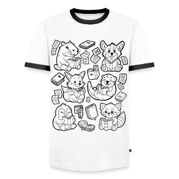 Reading Books: Capybara, Fox, Corgi, Otter - Men's Ringer Shirt - white/black - Front - AI Model Female 172 light (172cm) & AI Model Male 178 dark (178cm)