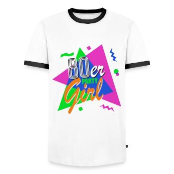 80s Party Girl - 80s - Colorful + Crazy - Men's Ringer Shirt - white/black - Front - AI Model Female 172 light (172cm) & AI Model Male 178 dark (178cm)