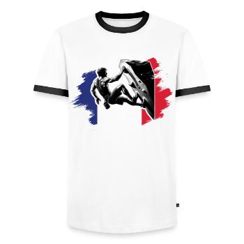 France Climber – Escalade de bloc en détresse - T-shirt contrasté Homme - blanc/noir - Devant - AI Model Female 172 light (172cm) & AI Model Male 178 dark (178cm)