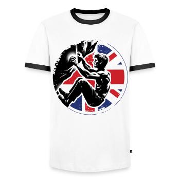 Grimpeur d’Angleterre - Boulder UK Boulderer Escalade - T-shirt contrasté Homme - blanc/noir - Devant - AI Model Female 172 light (172cm) & AI Model Male 178 dark (178cm)