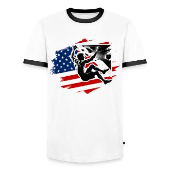 USA Climber - Boulder UK Boulderer Climbing - Men's Ringer Shirt - white/black - Front - AI Model Female 172 light (172cm) & AI Model Male 178 dark (178cm)